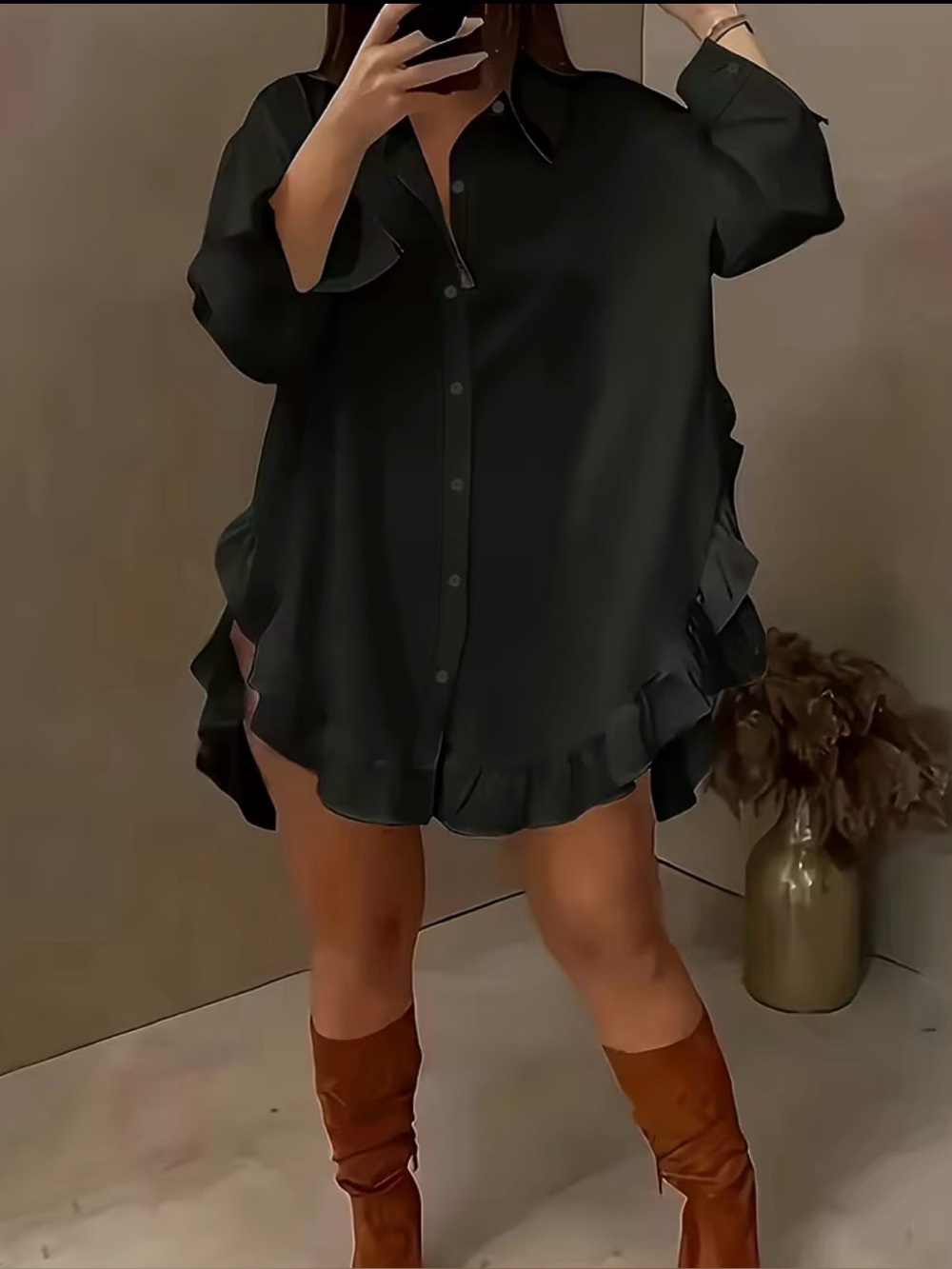 Ruffle-Hem Button-Down Shirt Dress - Black